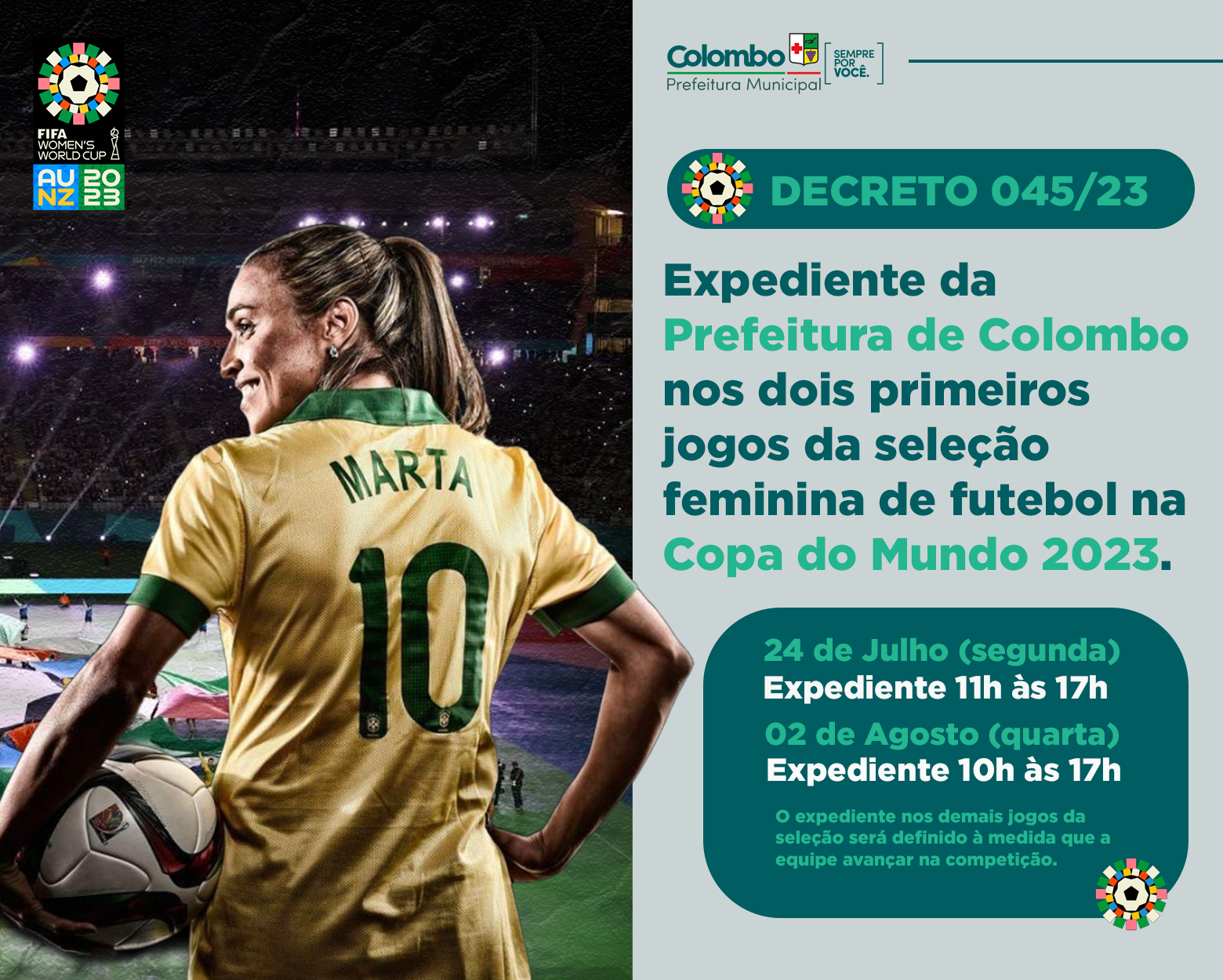 Copa do Mundo Feminina: Prefeitura altera horário de expediente em dias de jogos da seleção brasileira