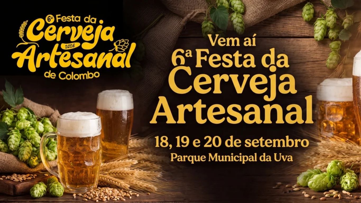 Arte da 6ª Festa da Cerveja Artesanal de Colombo com copos de cerveja e informações sobre o evento no Parque Municipal da Uva.