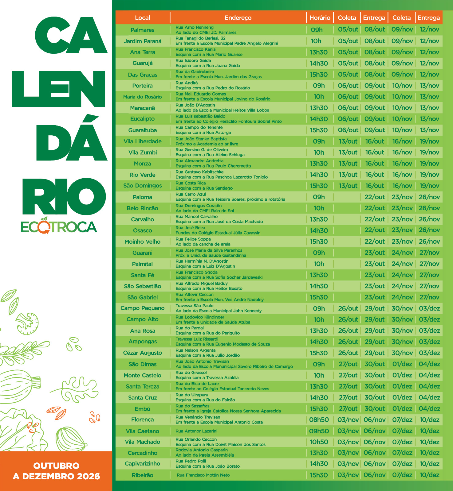 Calendário oficial do Programa EcoTroca de Colombo com bairros, endereços, horários e datas de coleta de recicláveis e entrega de alimentos entre outubro e dezembro de 2026.